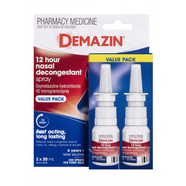 Demazin 12 Hour Nasal Decongestant Spray 20ml Twin Pack - 9314057016374